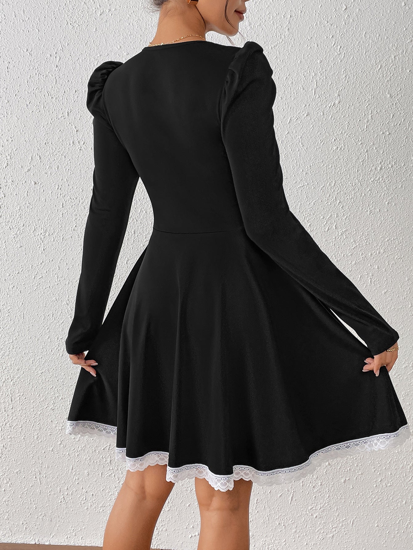 Chic Square Collar Long Sleeve Women Lace Patchwork Slim Waist A-Line Dress 6