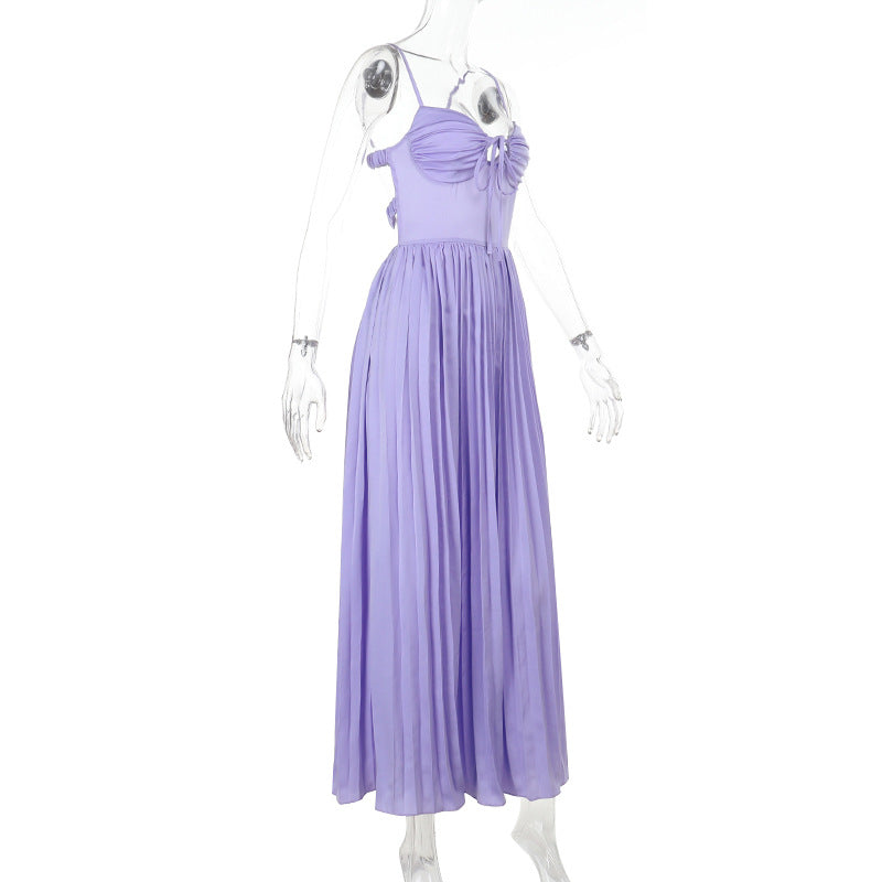 Summer Sexy Low Back Tie Holidays Pleated Strap Long Dress 5