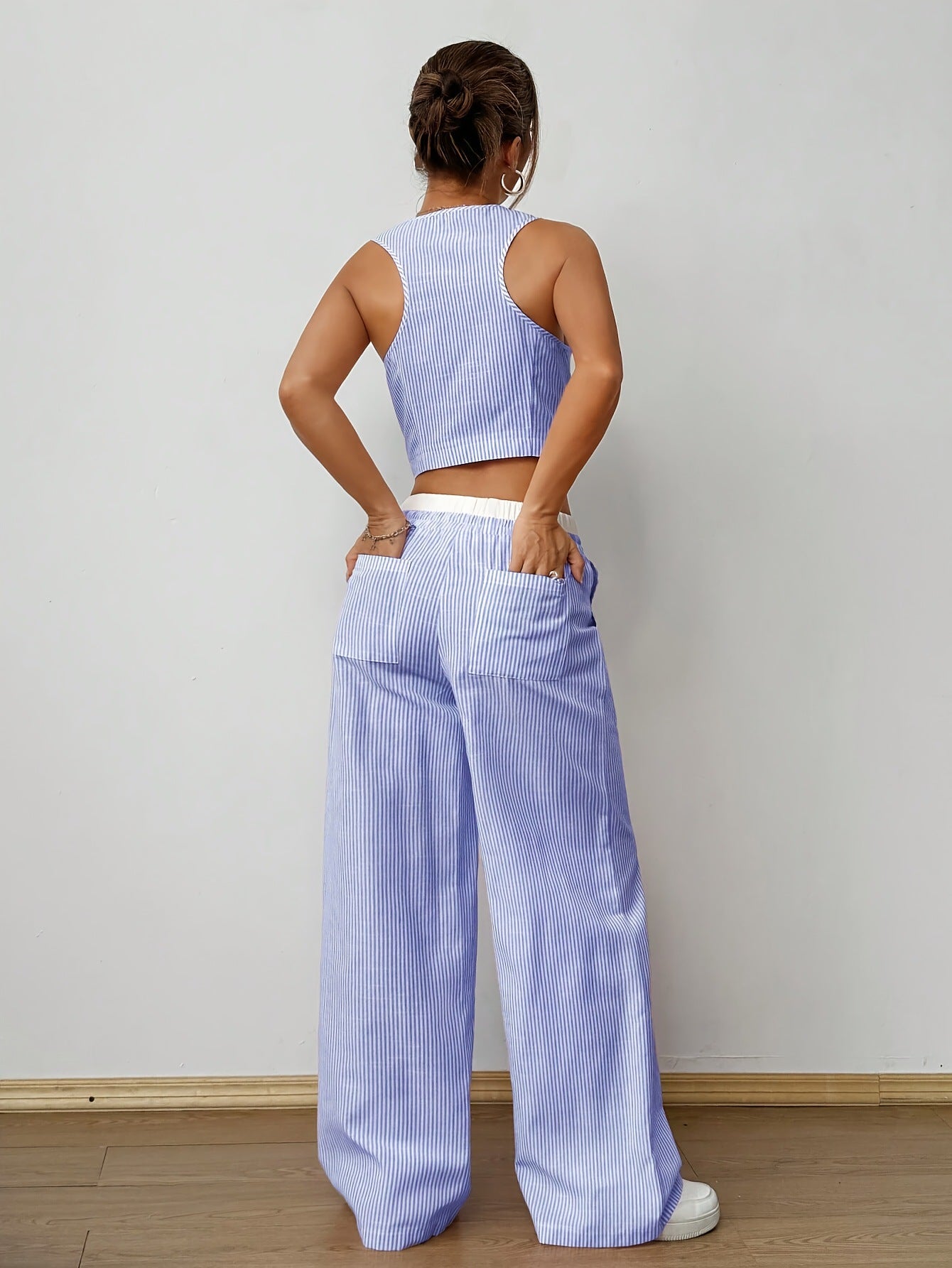 Summer contrast color striped sleeveless v-neck vest Wide Leg Pants Set 7