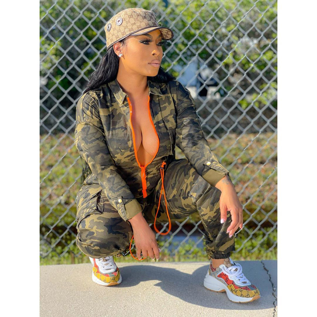 Women Fall Contrast Zip Camouflage Long Sleeve Jumpsuit 4