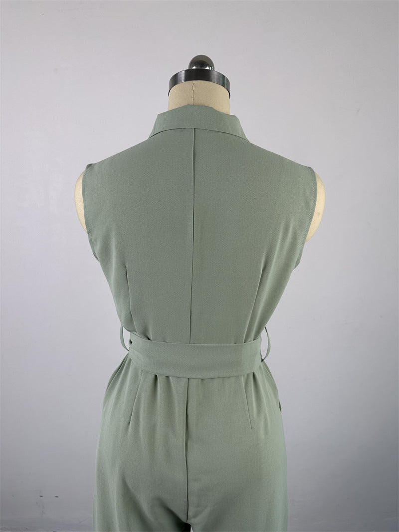 Women's Winter And Spring Turndown Collar Pocket Slim Waist Loose Wide Leg Sleeveless Jumpsuit 14