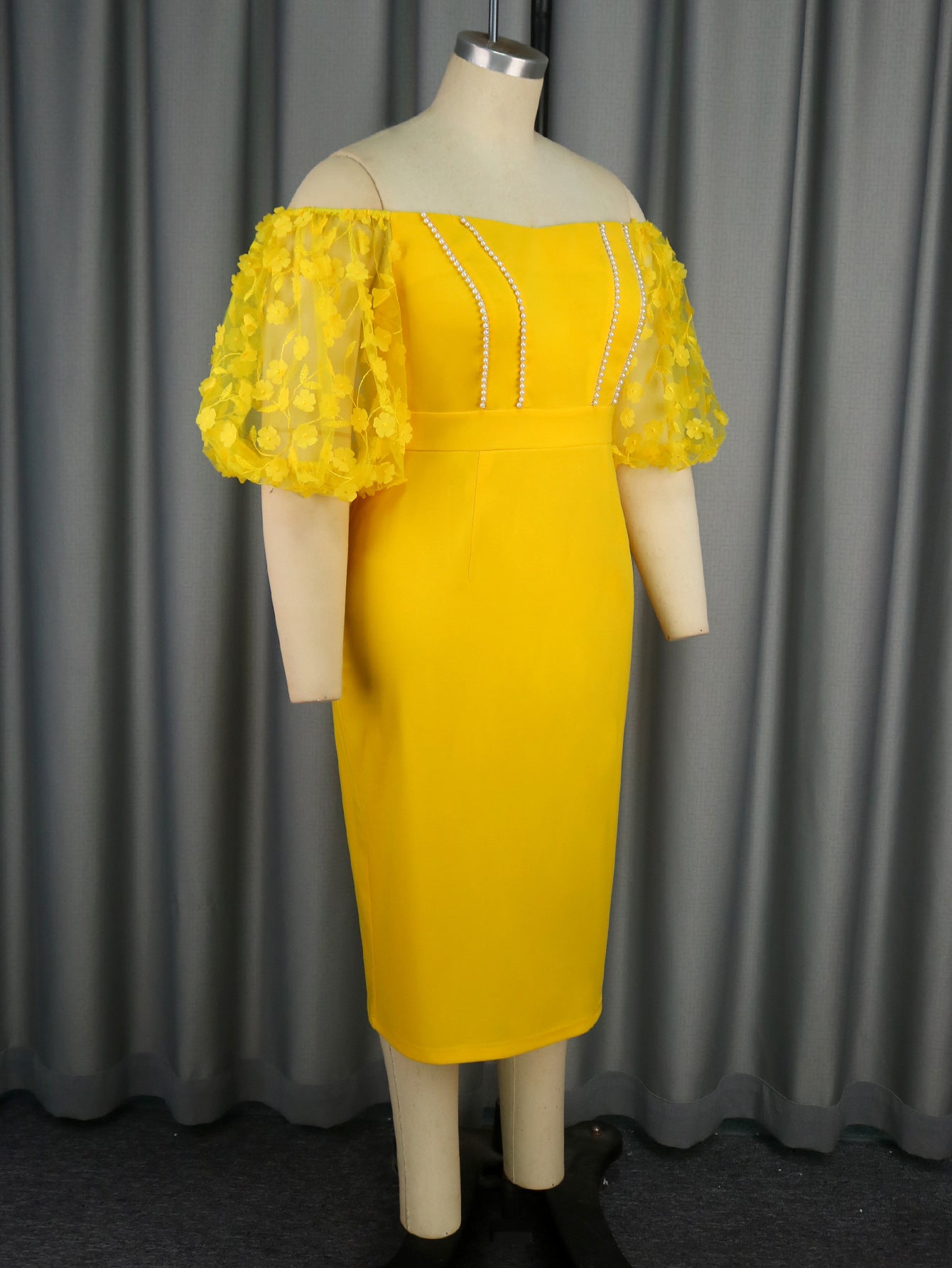 Women Sexy Strapless See-Through Lantern Sleeve Party Cocktail Beading Dress 5