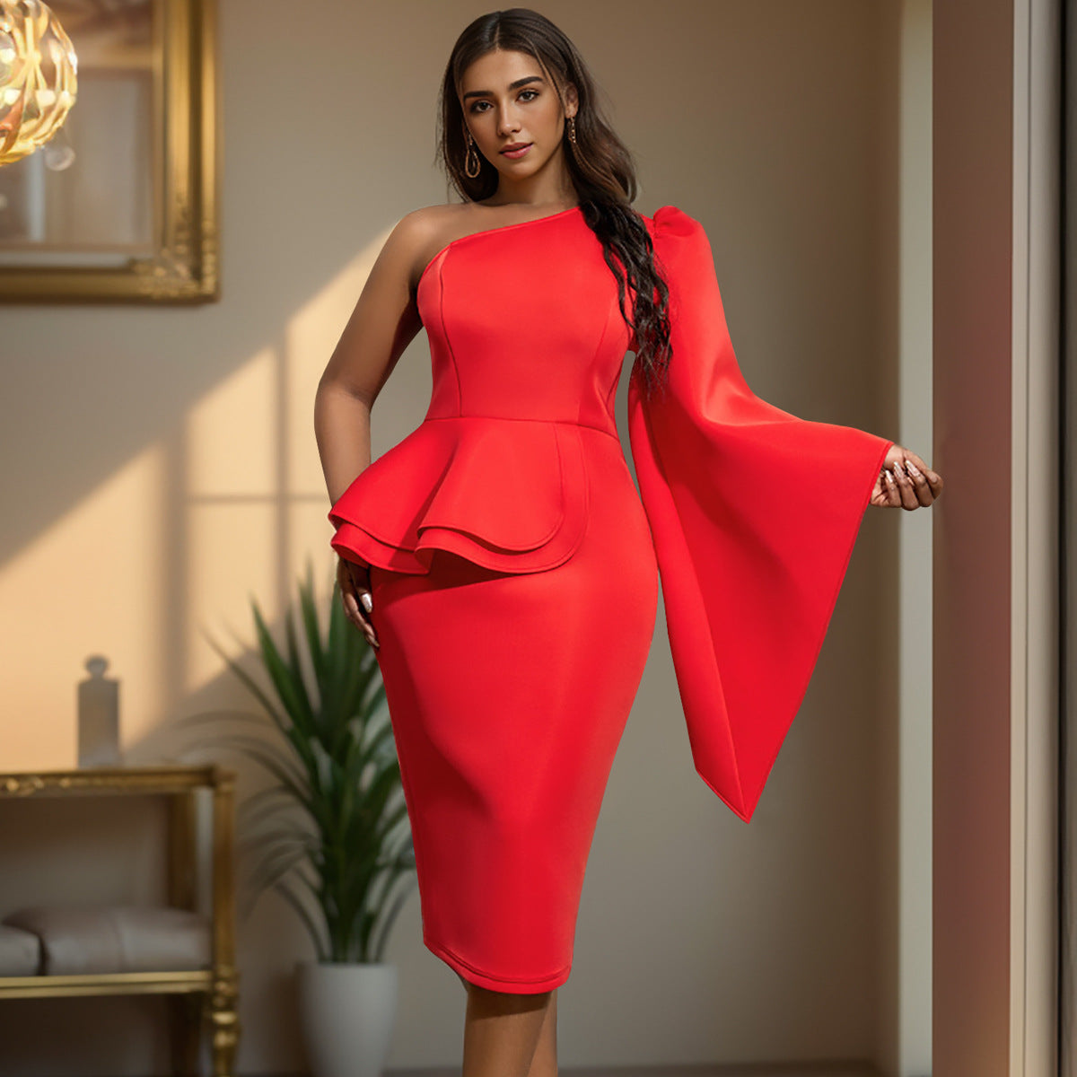 Style Slash Shoulder One-Sleeve Ruffle Party Cocktail Dress