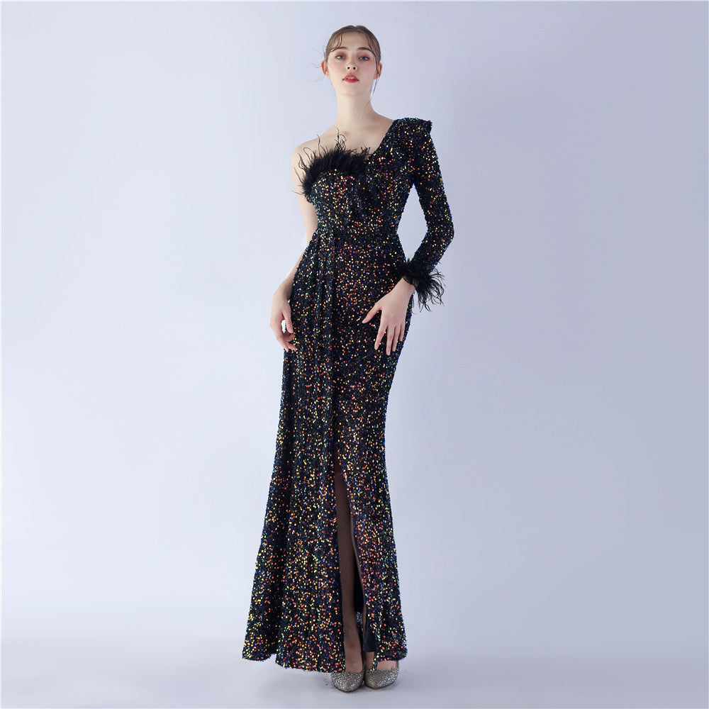 Sexy Slash Shoulder Feather Ruffle Long Sleeve Side Slit Sequin Evening Dress 4