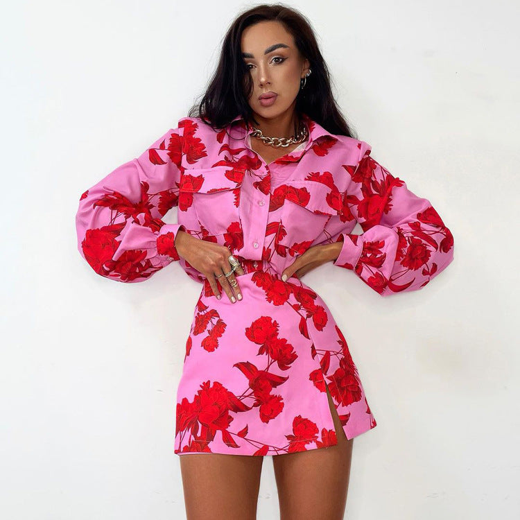 Fashion Print Turndown Collar Long Sleeve Shirt High Waist Split Short Skirt Two Piece Set