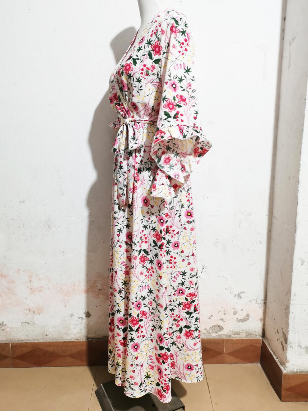 Bohemian Ruffle Patchwork Half-Sleeved V-Neck Belt Slit Dress 8