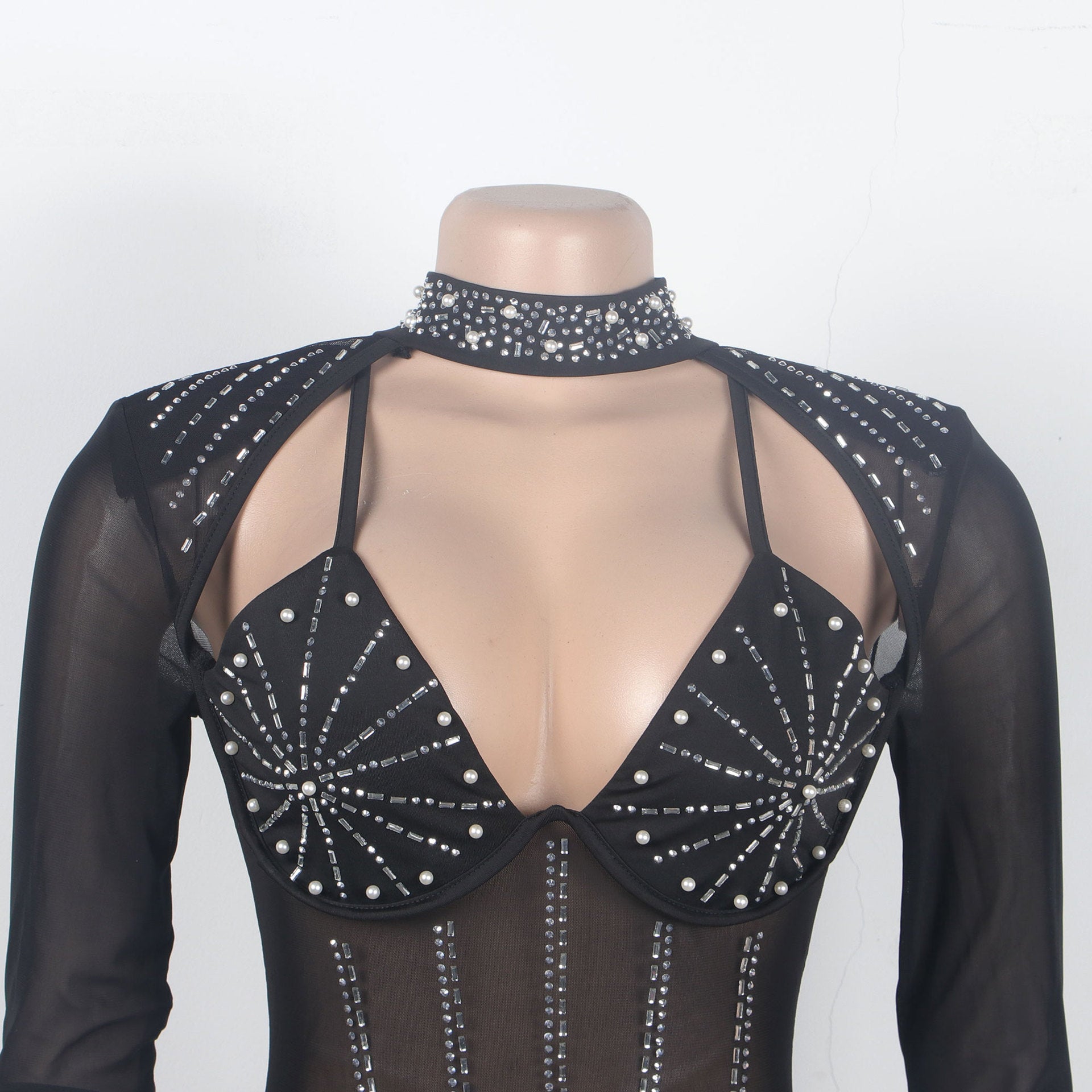 Sexy Beaded Pearl Strip Trendy Stretch Tight Fitting Jumpsuit 13