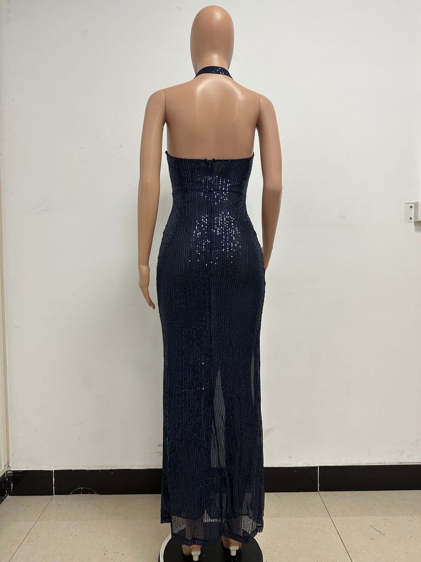 Women Sleeveless Halter Neck Backless Sequin Slit Evening Dress 46
