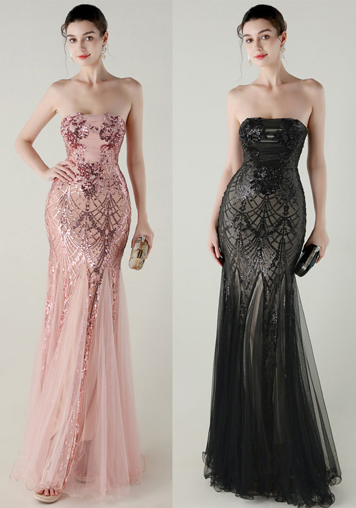 Women Strapless cross Lace-Up sequined tube flower sequined mesh evening dress Formal Party evening dress