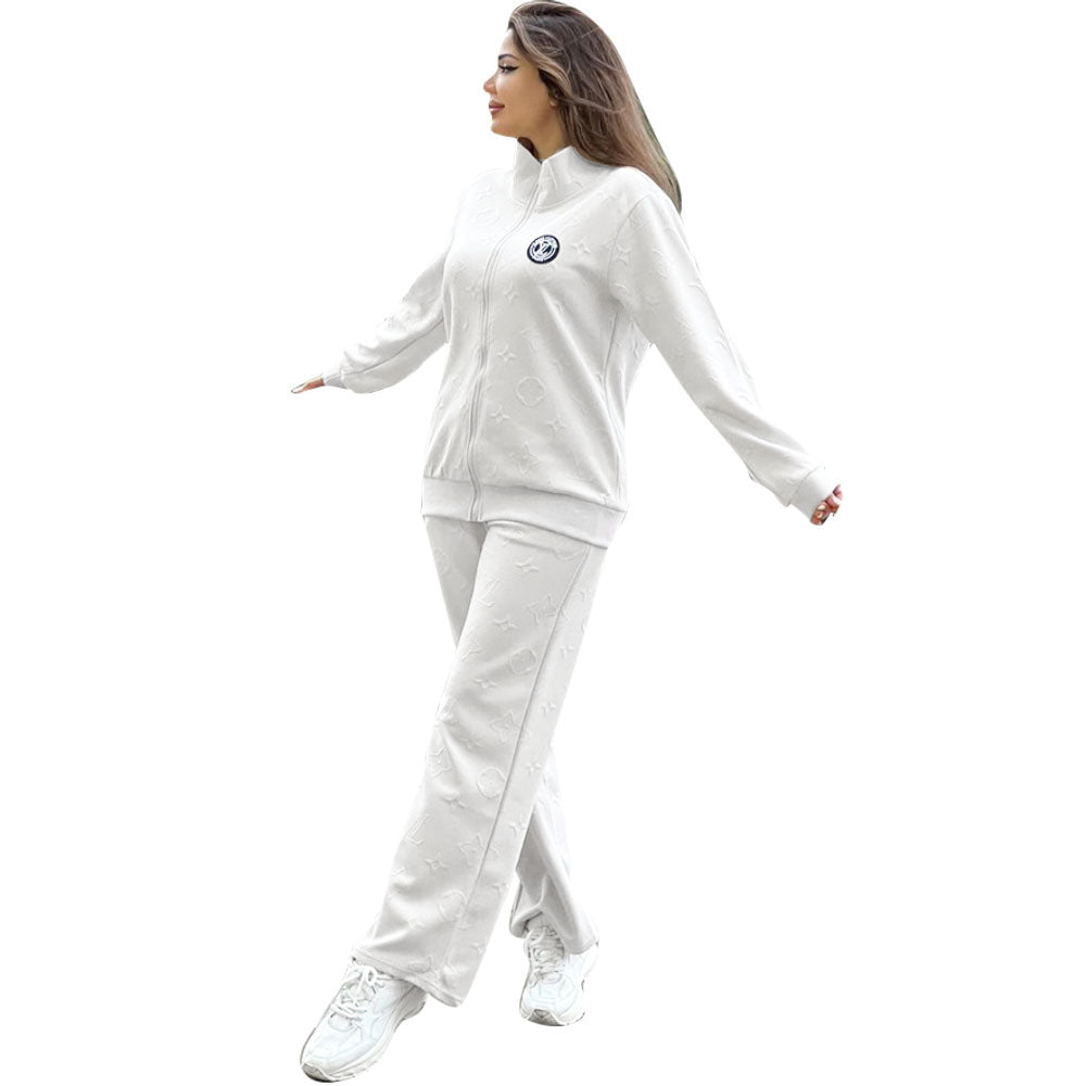 Women Embossed Embroidered Sport Ribbed Zipper Top and Pant Two Piece 15