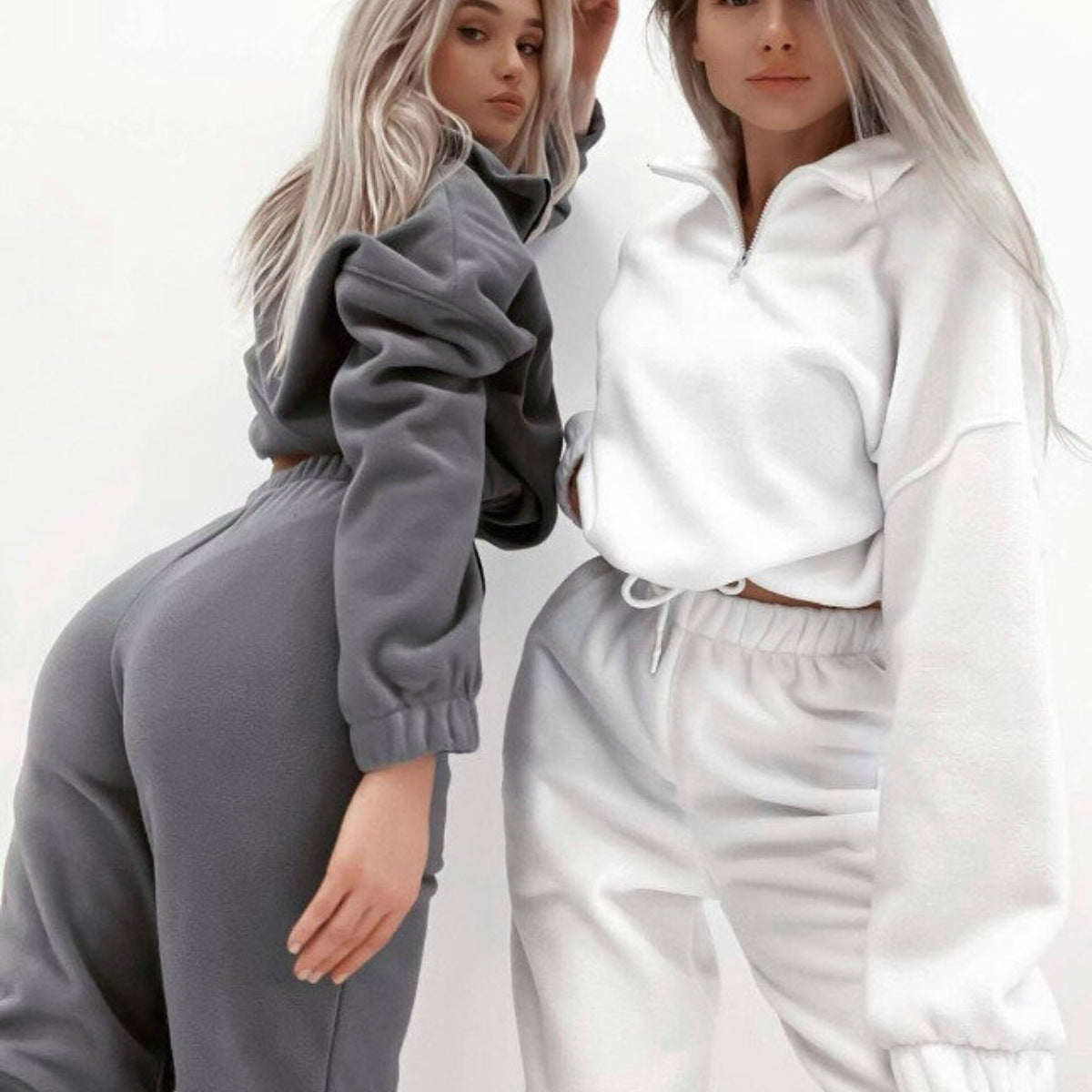 Women Casual zipper Stand Collar Hoodies and Pants two-piece suit 9