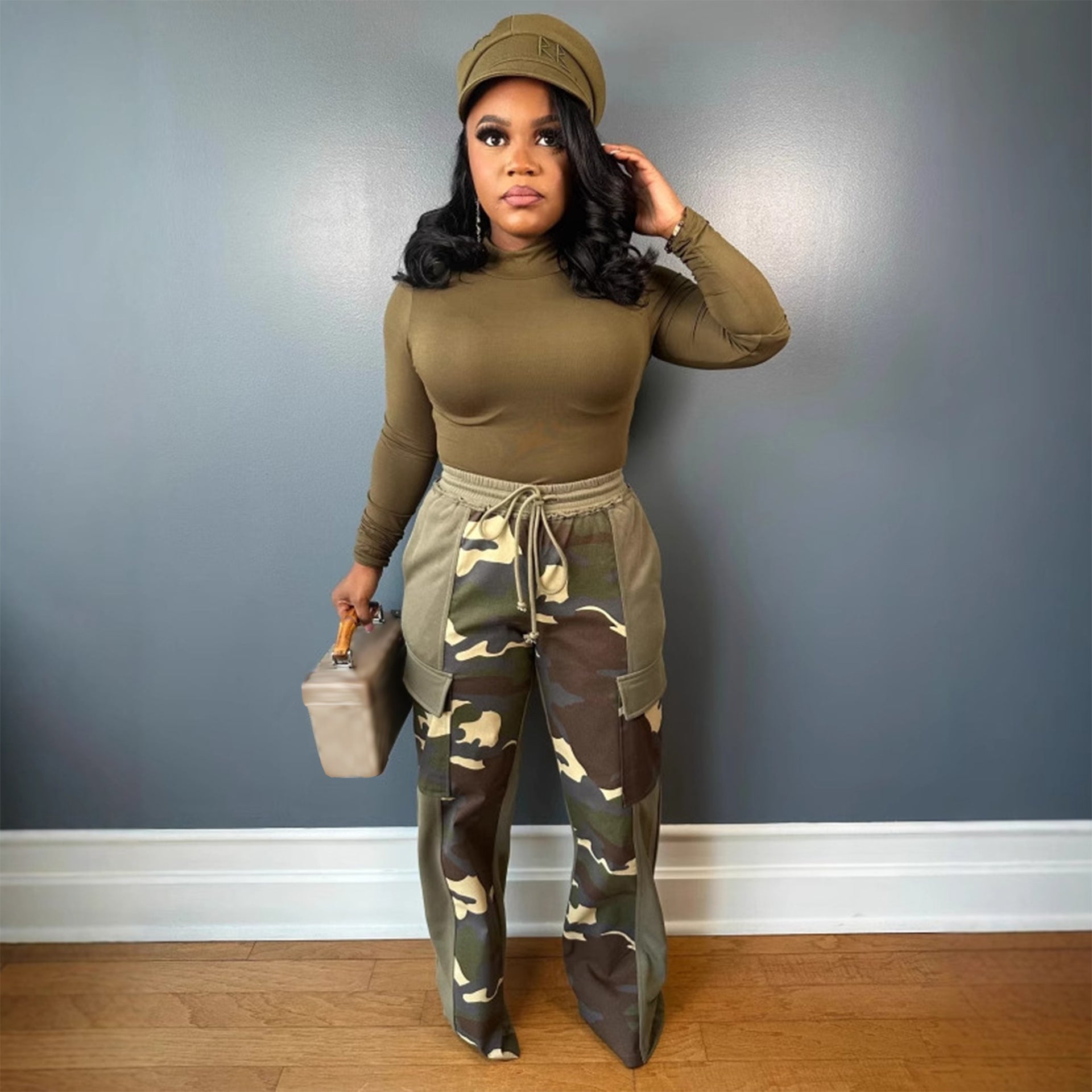 Printed Contrasting Drawstring Wide-Leg Pants