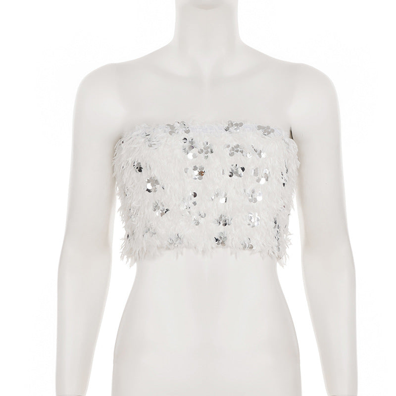 Women Sexy White Sequined Fur Patchwork Strapless Top and Shorts Two-Piece Set 3