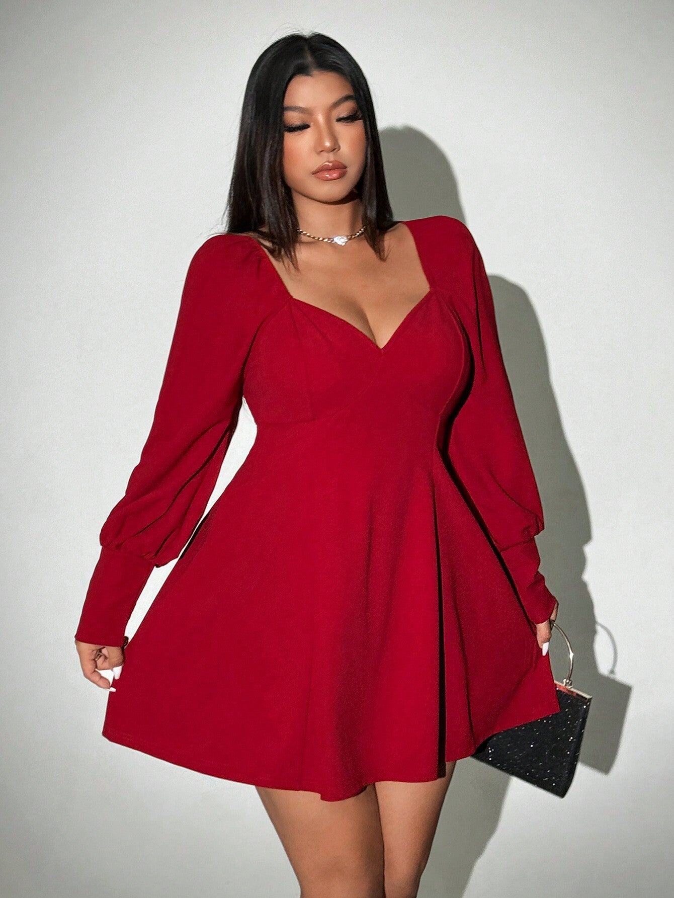 Autumn And Winter Plus Size Women's Luxury Elegant Burgundy High Waist V-Neck Short Dress 3