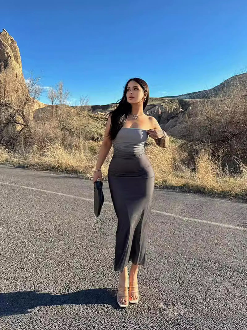 Women Summer Sexy Strapless Gradient Maxi Dress 7