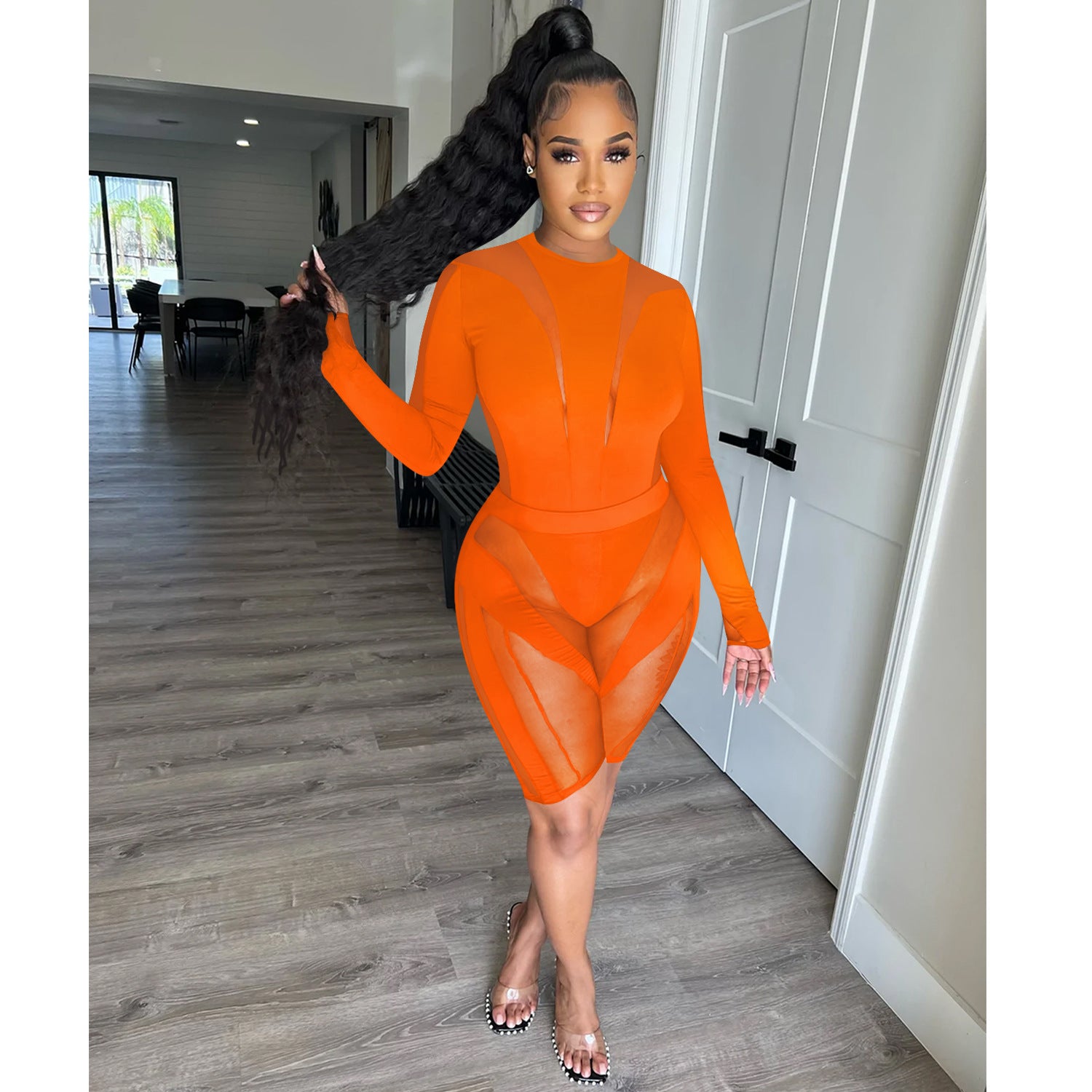 Women's Fashion Mesh See-Through Round Neck Shorts Long Sleeve Two Piece 8