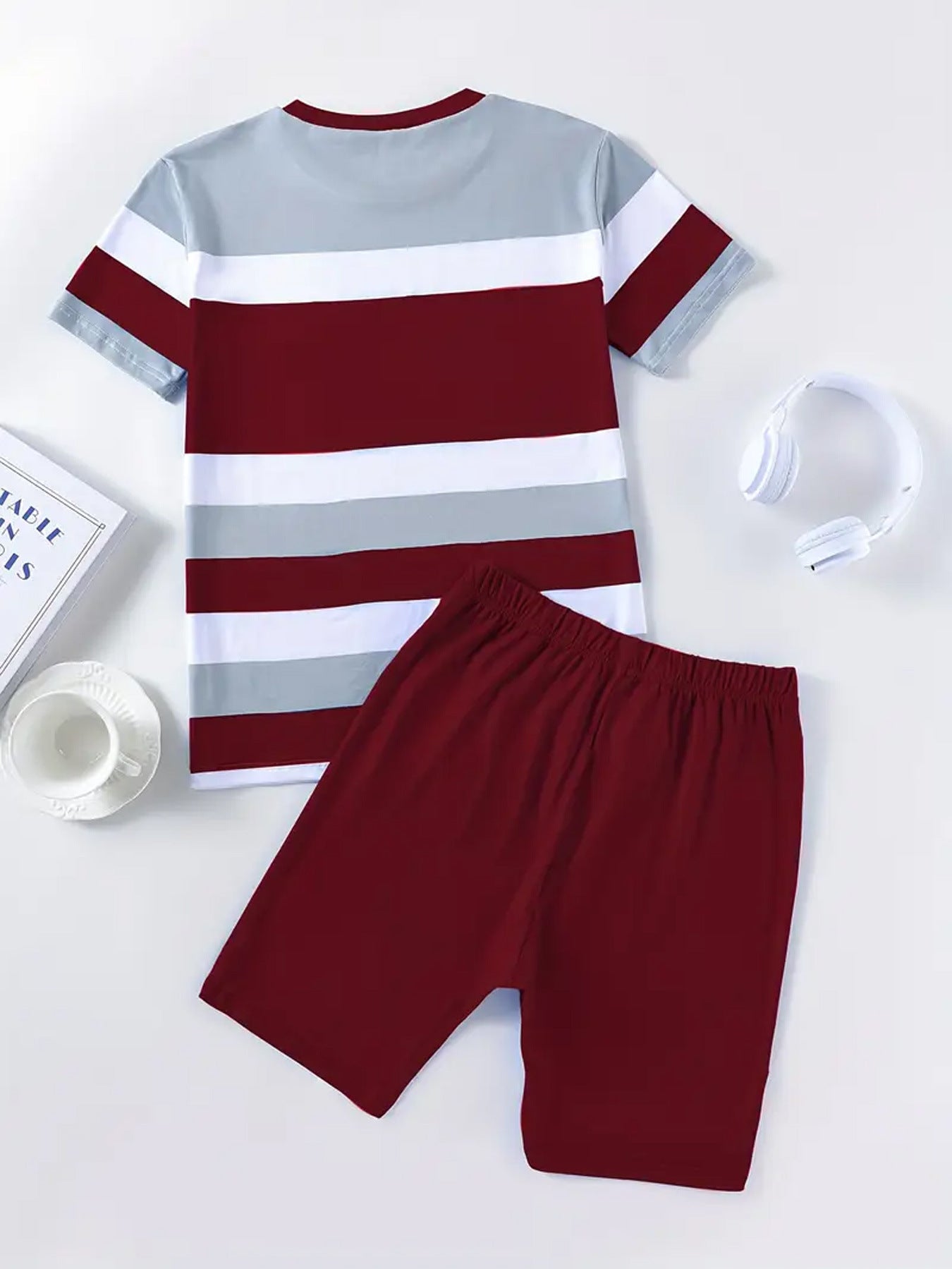 Women's Striped Print Short-Sleeve Sporty Two-Piece Shorts Set 14