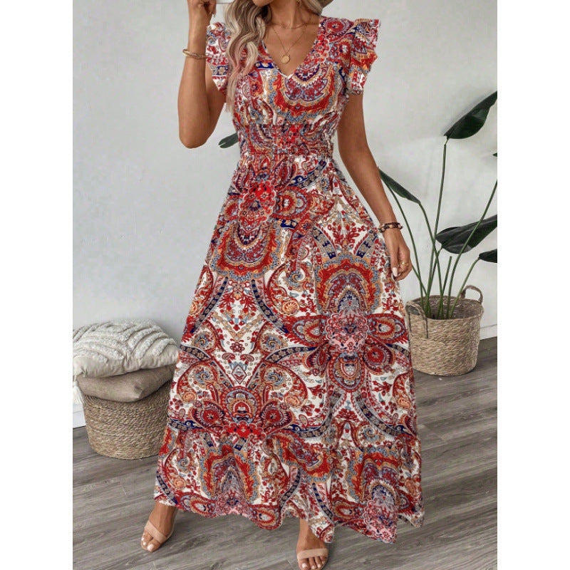 Women summer printed V-neck ruffled Maxi dress 4