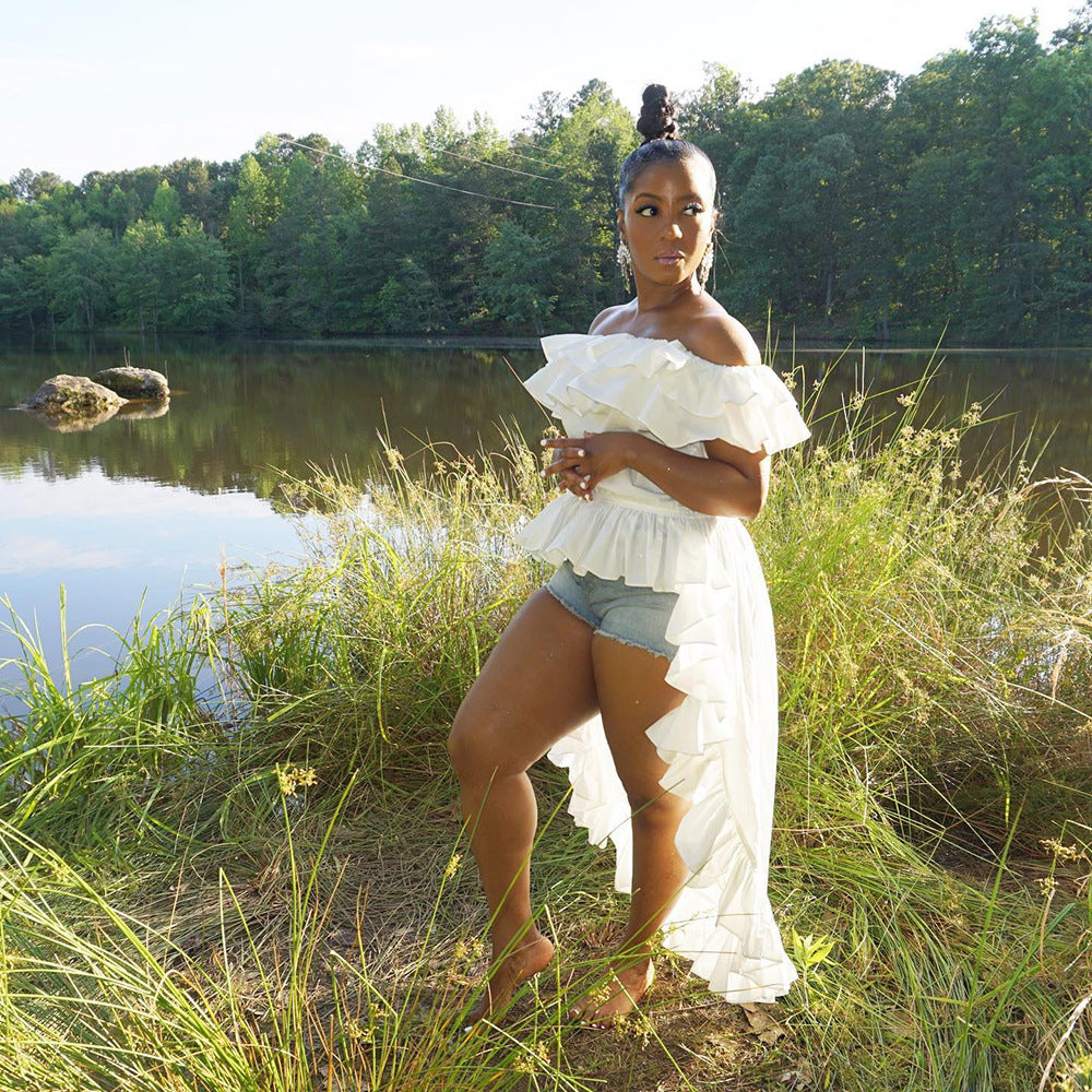 Women Off Shoulder Ruffle Solid Tuxedo Skirt 3