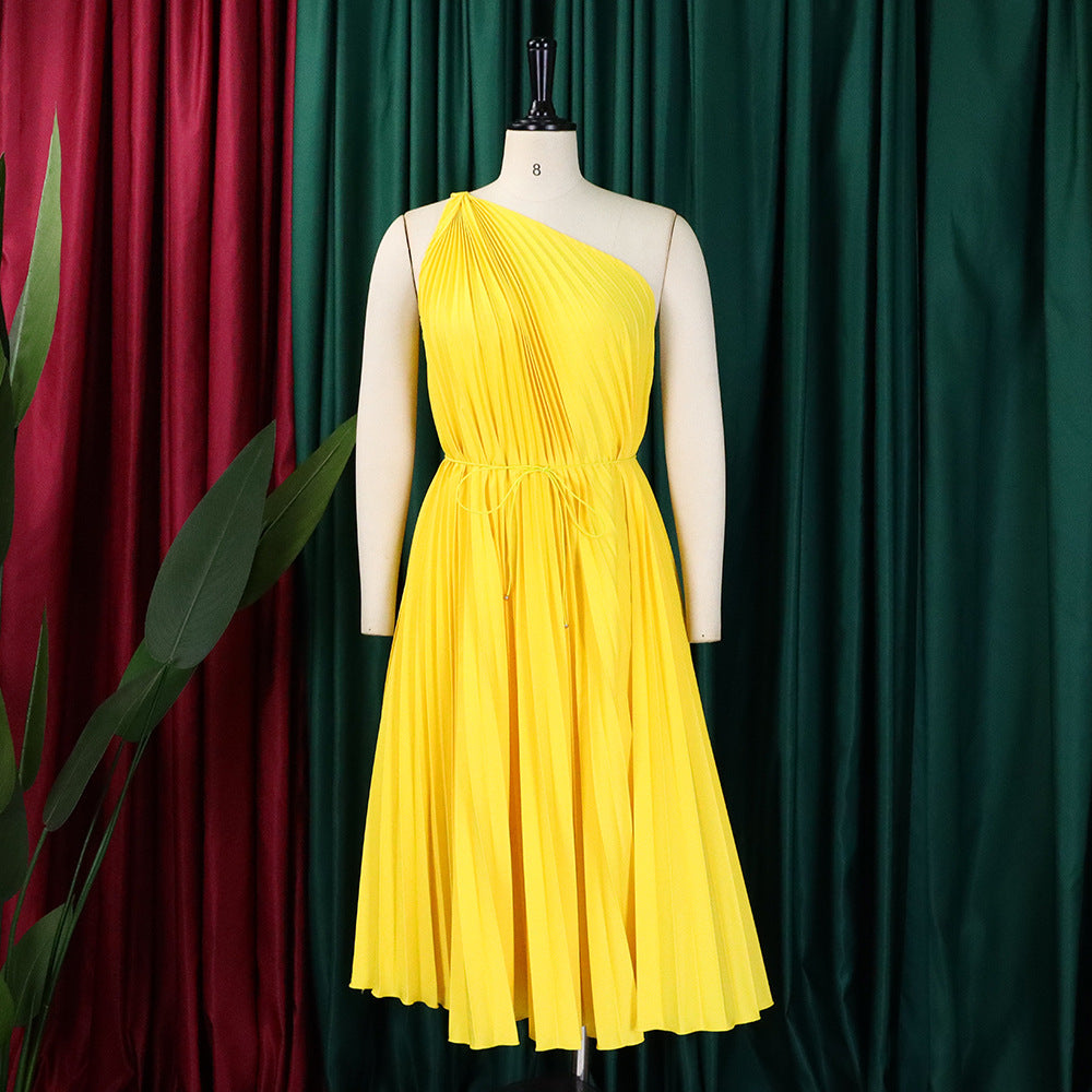 Women Summer Solid Slash Shoulder Lace-Up Loose Pleated Dress 10