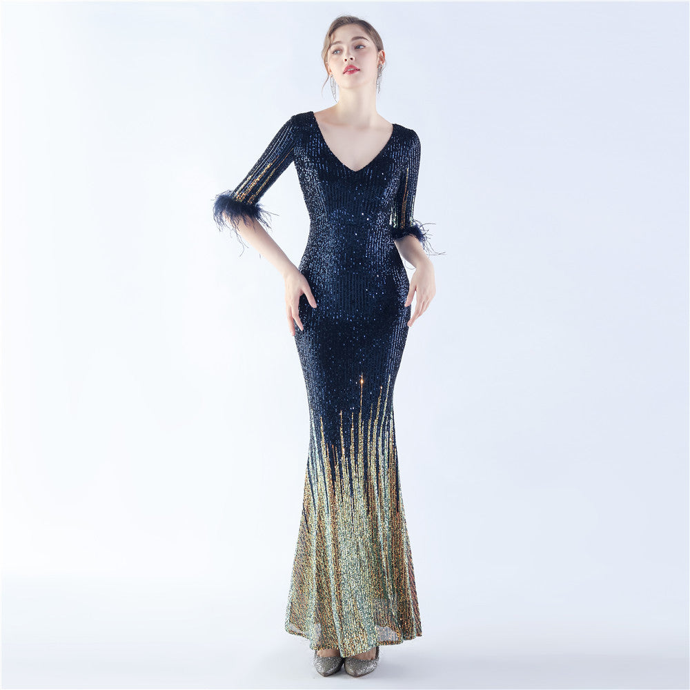 Women ostrich feather gradient sequin half-sleeve evening dress 5