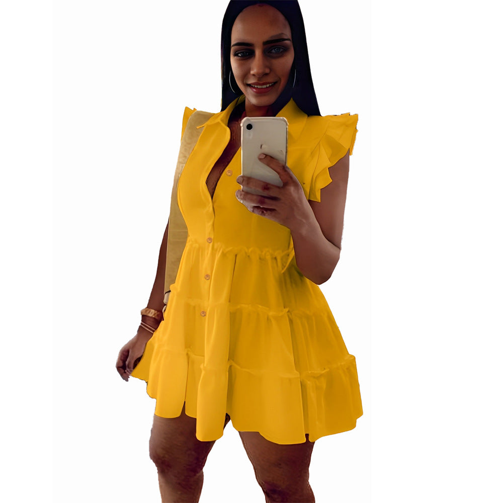 Women'S Ruffle Sleeveless Single Breasted Solid Color Summer Shirt Dress 9