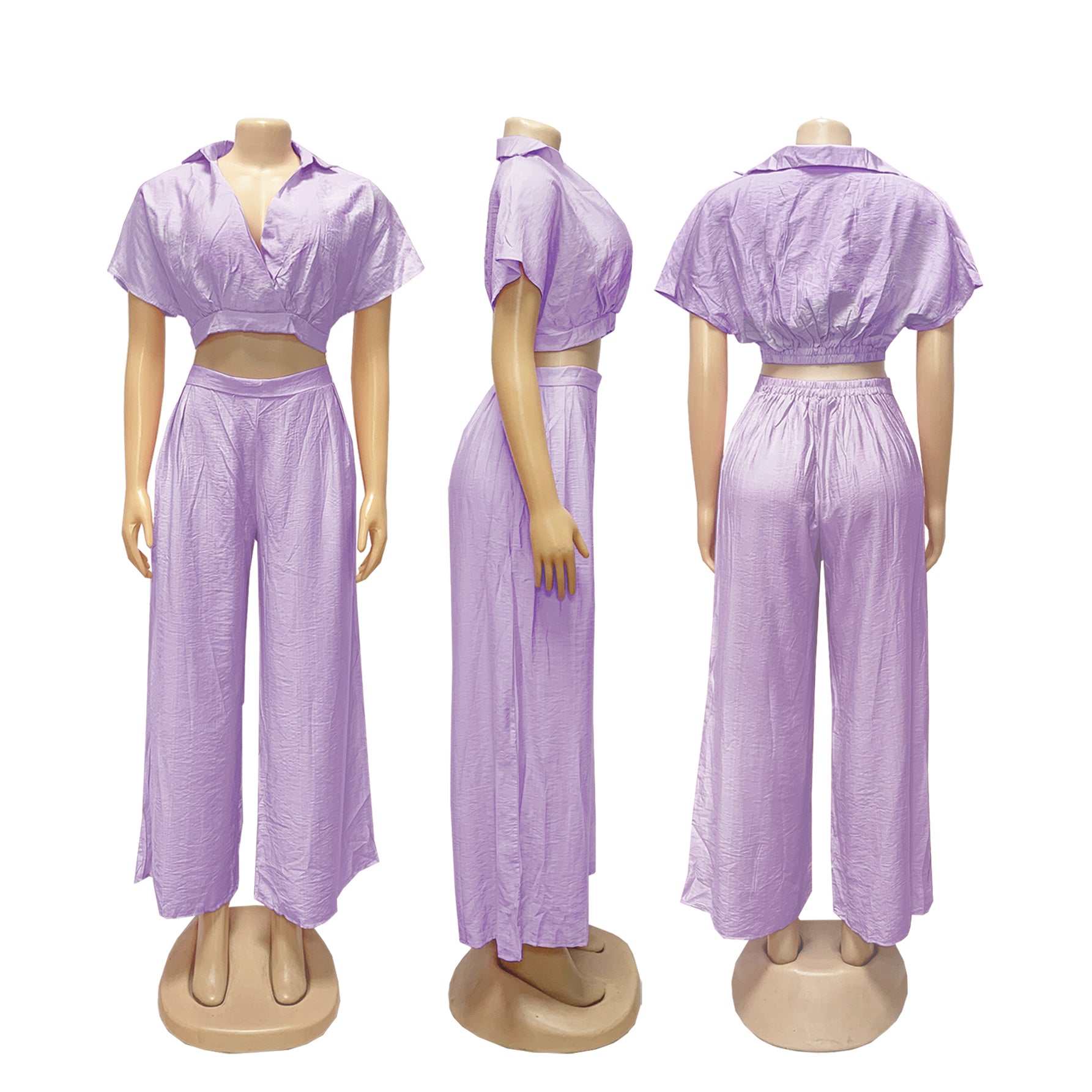 Women Casual Holidays Summer Turndown Collar Short Top & High-Waist Wide-Leg Pants Set 28