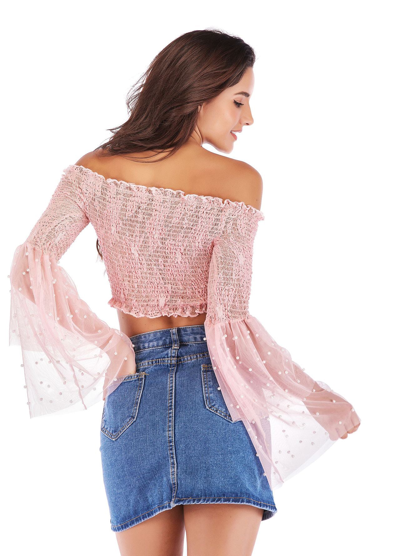 Women's Spring & Summer Off-The-Shoulder Bell Sleeve Sheer Lace Ruched Sexy Crop T-Shirt 3
