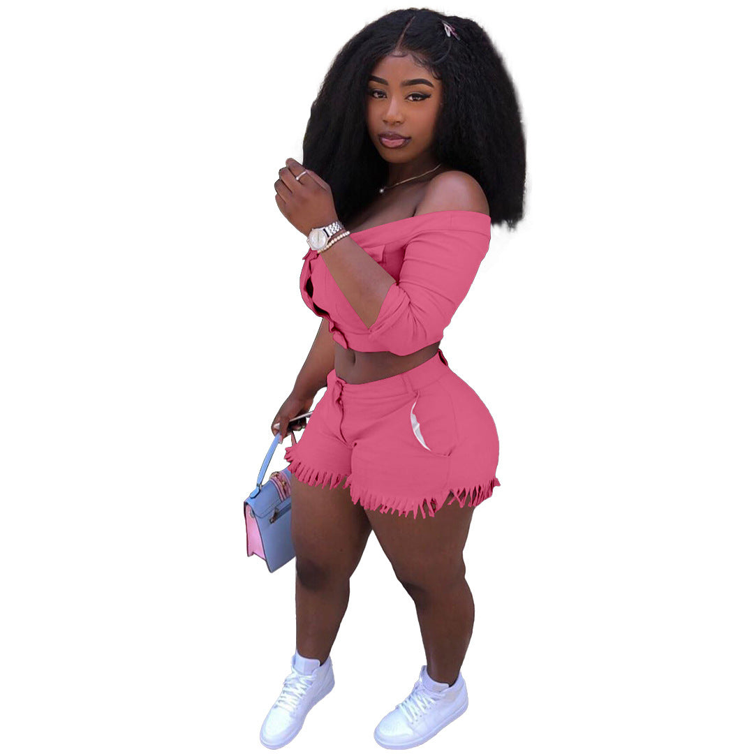 Women's Clothing High Stretch Off Shoulder Two-Piece Shorts Set