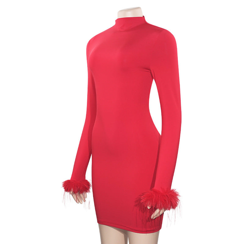 Autumn Solid Color Round Neck Feather Patchwork Slim Sexy Short Dress 13