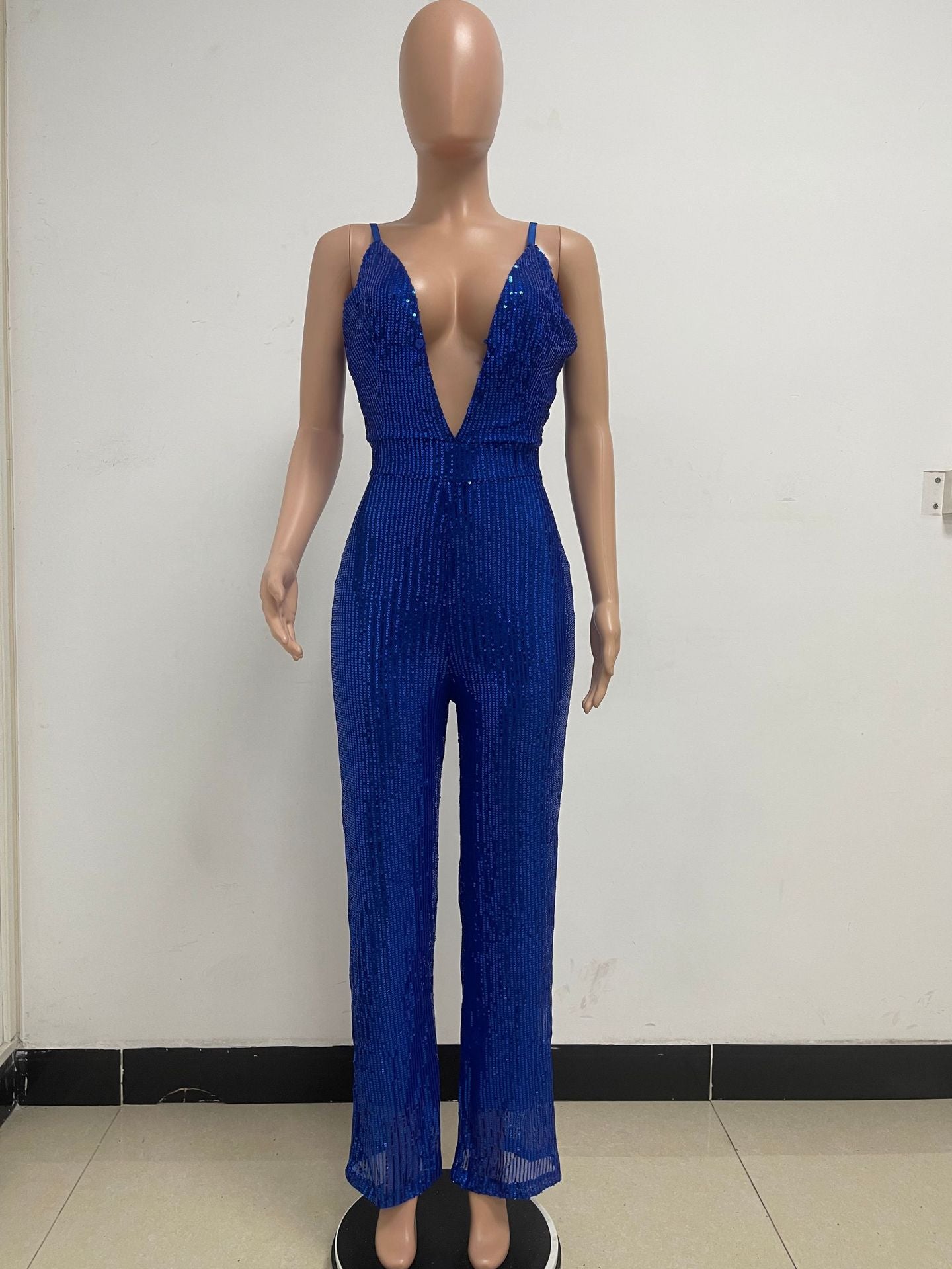 Deep V Neck Low Back Sleeveless Chic Sequined Straps Elegant Women's Party Jumpsuit 114