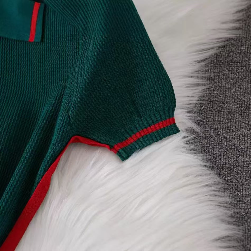 Women's Fashion Turndown Collar V-Neck Short Sleeve Knit Midi Dress 13