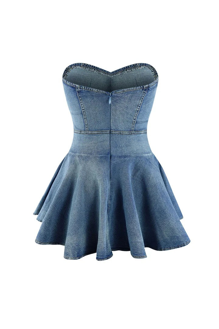 Strapless Slim Ruffle A-Line Denim Dress 7