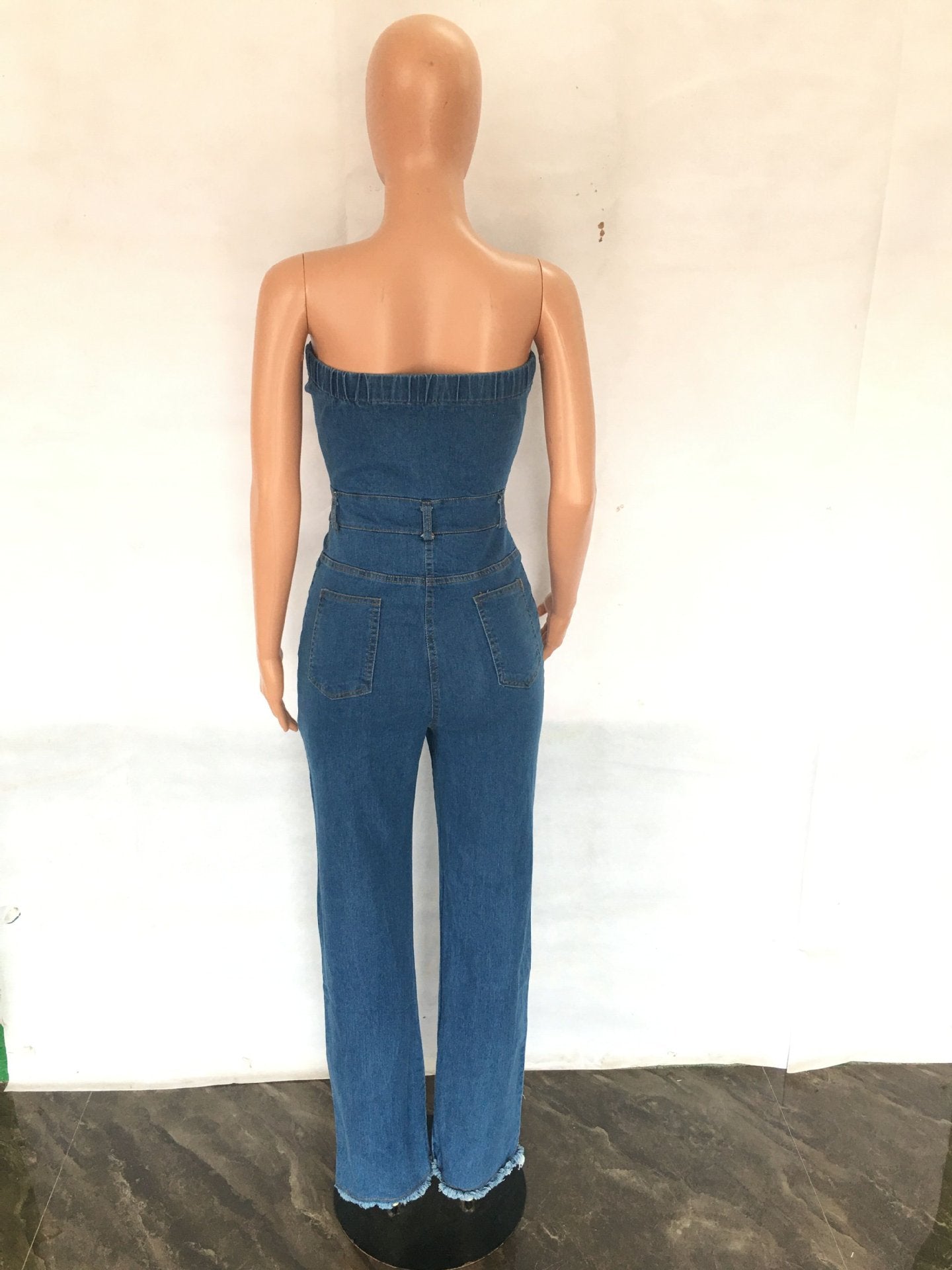 Women's Strapless Slim Fit Micro Bell Bottom Denim Jumpsuit 10
