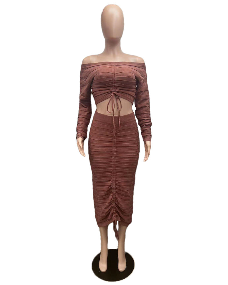 Women's Autumn and Winter Fashion Long Sleeve Off Shoulder Crop Top Drawstring Skirt Knitted two piece Set 22