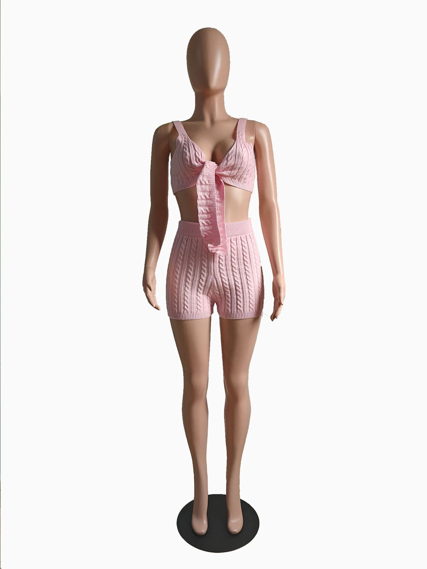 Women Spring Solid Sexy Stretch Solid Knitting Suspender Top and Shorts Two-Piece Set 5