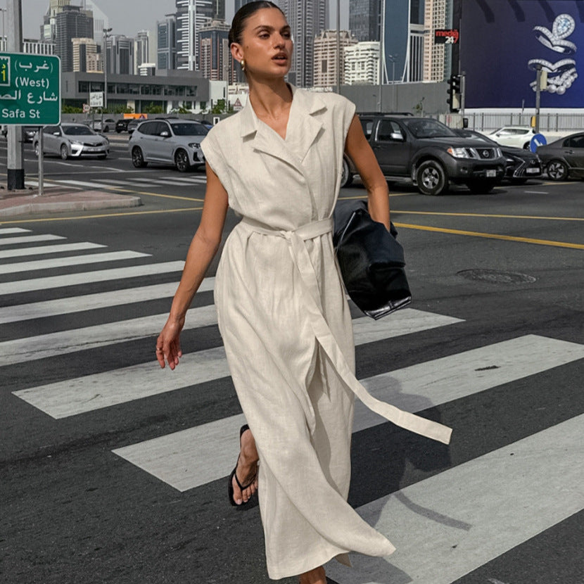 Women French Turndown Collar Belt Dress 6