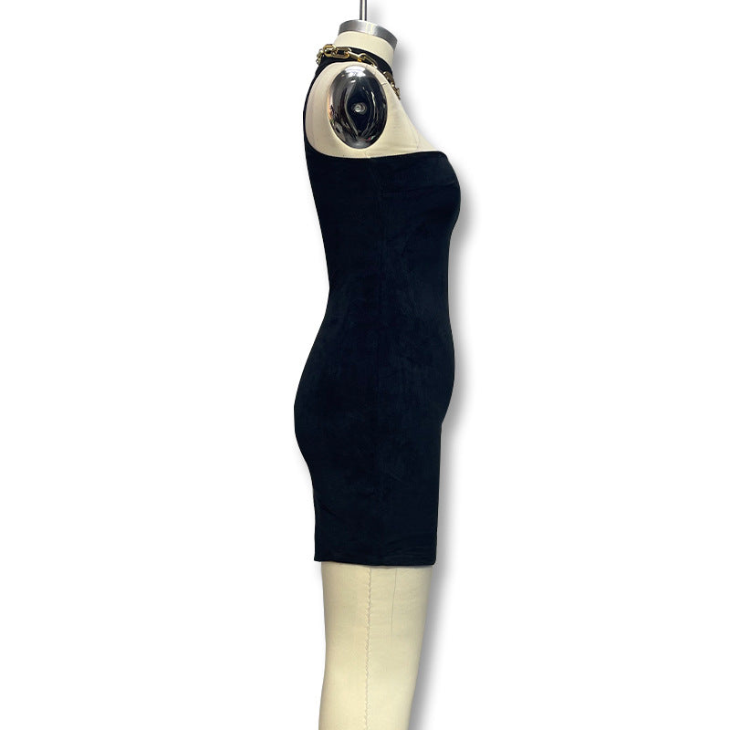 Summer Women corduroy metal chain Halter Neck off-shoulder sleeveless dress 6