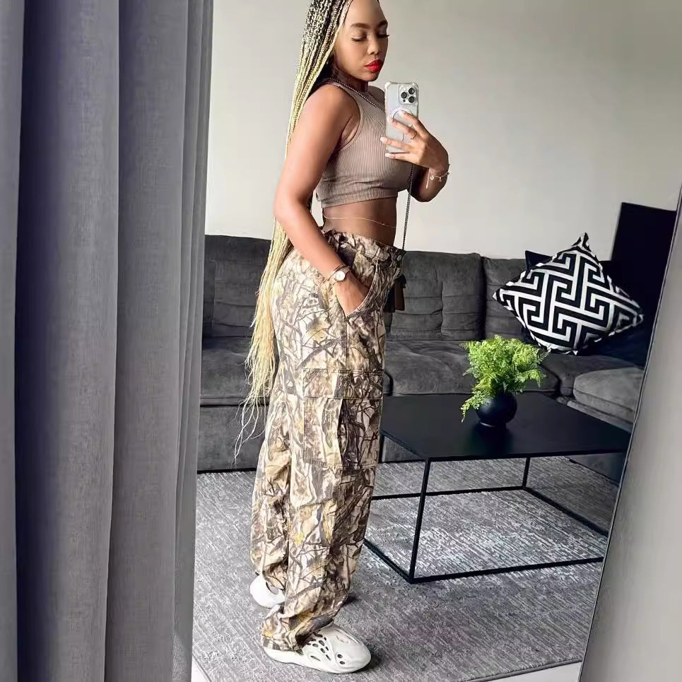 Women autumn branch print loose straight Casual Cargo Pants