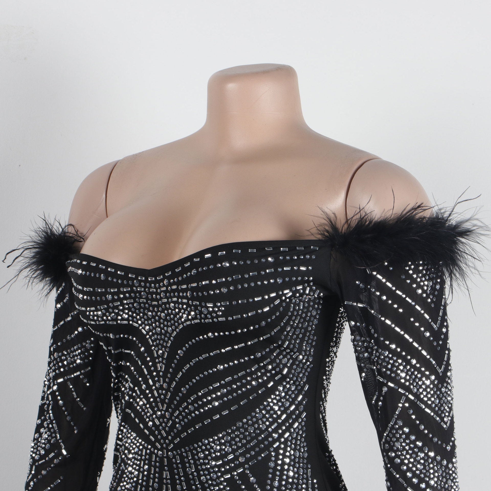 Women's Beaded Feather Off Shoulder Bodycon Dress 17