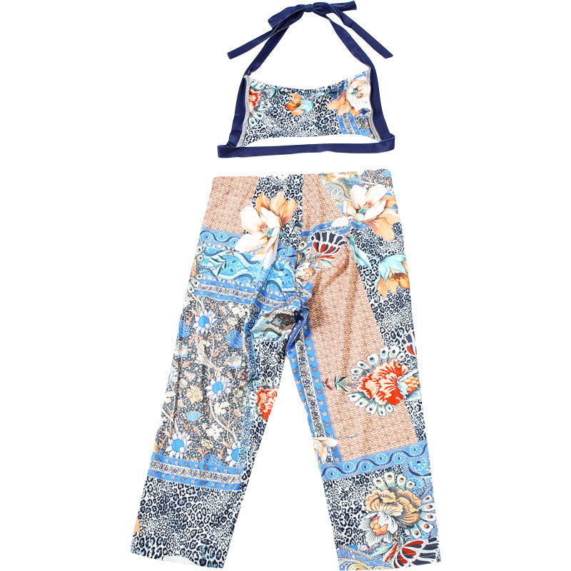 Women's Spring Halter Neck Lace-Up Floral Print Vest Trousers Two P iece Set 11