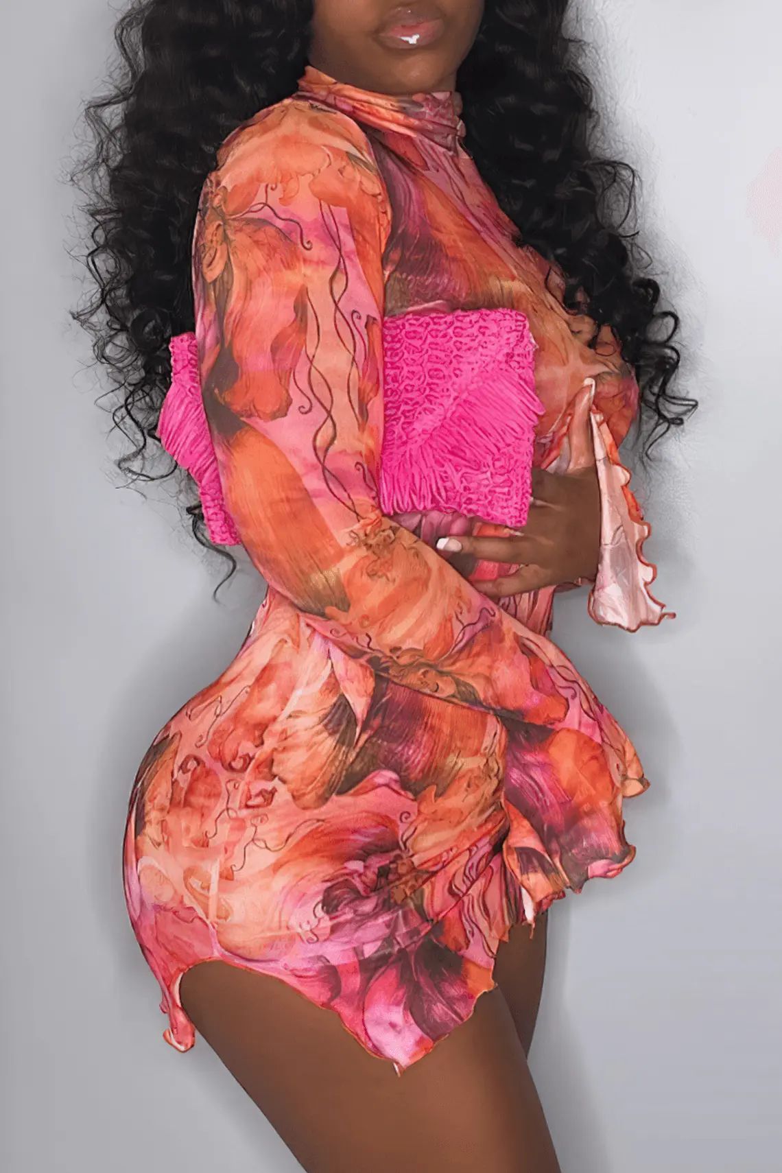 Women Casual Street Slit Printed Floral Turtleneck Mini Dress 7