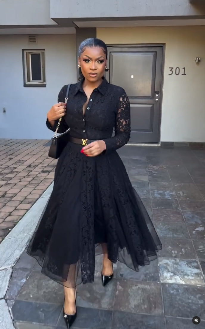 Elegant Women's Lace Patchwork Mesh Irregular Midi Dress 4