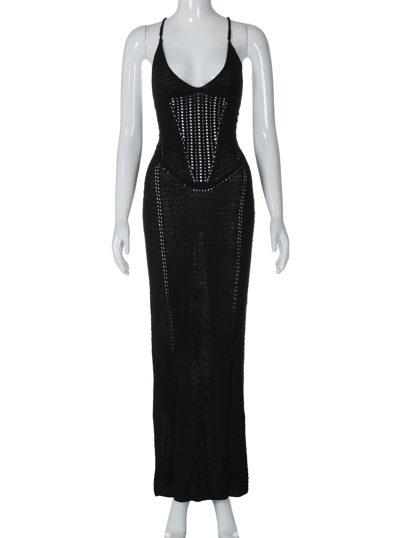 Women Spring and Summer Sexy Backless Hollow Lace Knitting Suspender Bodycon Dress 12