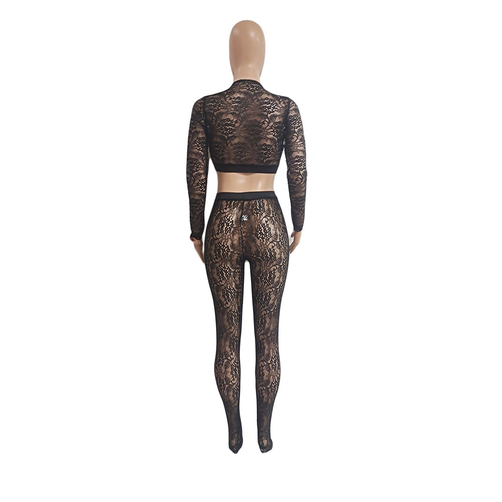 Women's Sexy V-Neck Tight Slim See Through Lace Two-Piece Pants Set 7