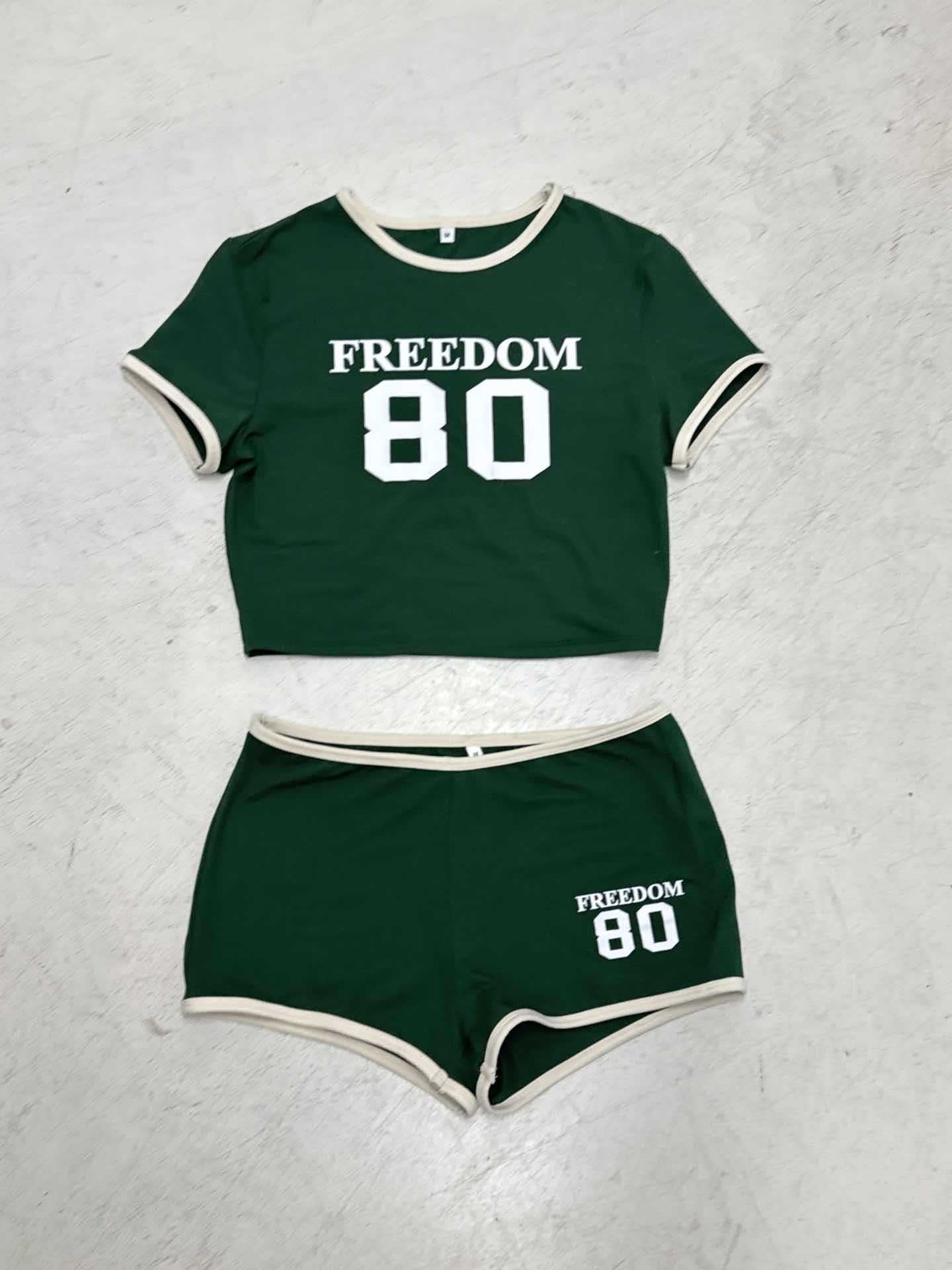 Women Sports Digital Print Contrast Short Sleeve Crop T-shirt and Shorts Casual Two-piece Set 22