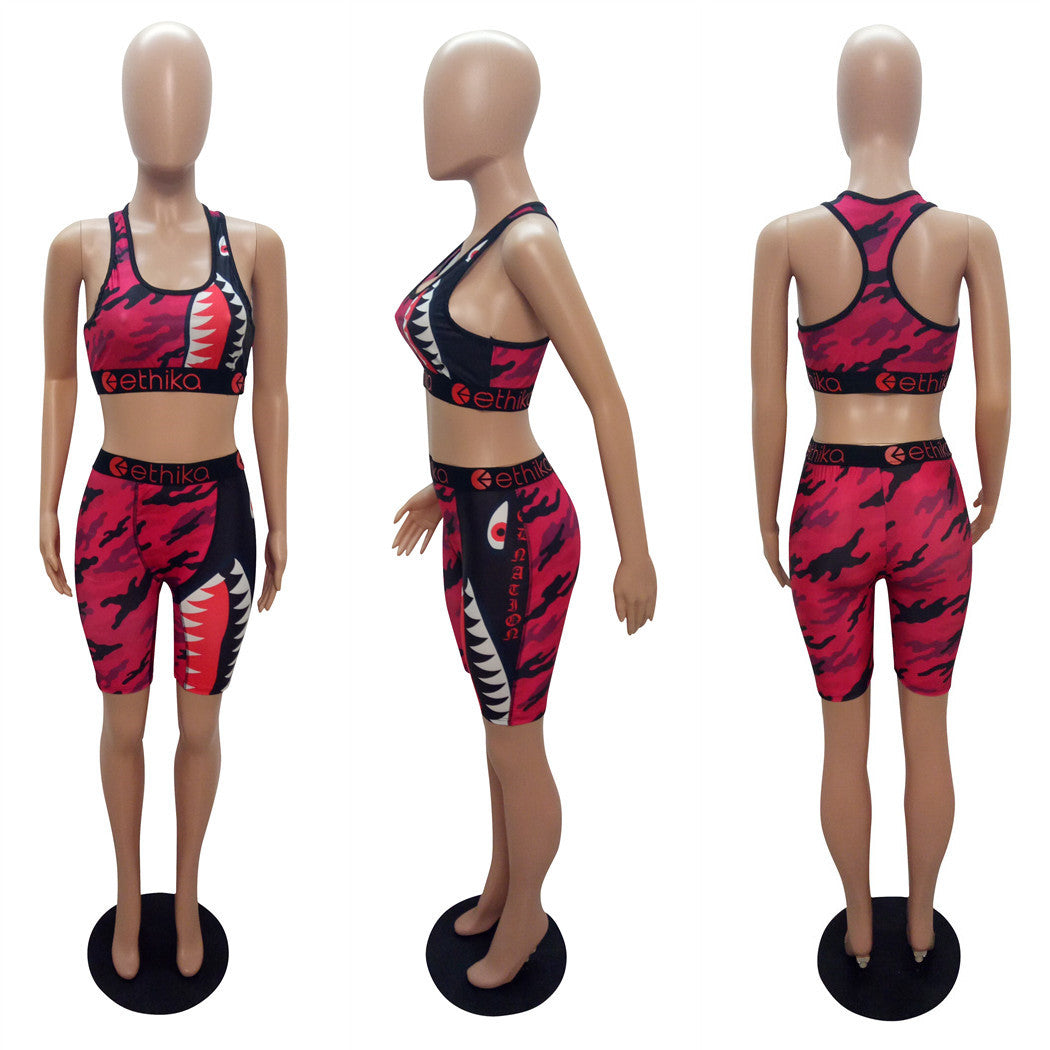 Cartoon Print Casual Camouflage Tank Biker Shorts Two-Piece Set 10