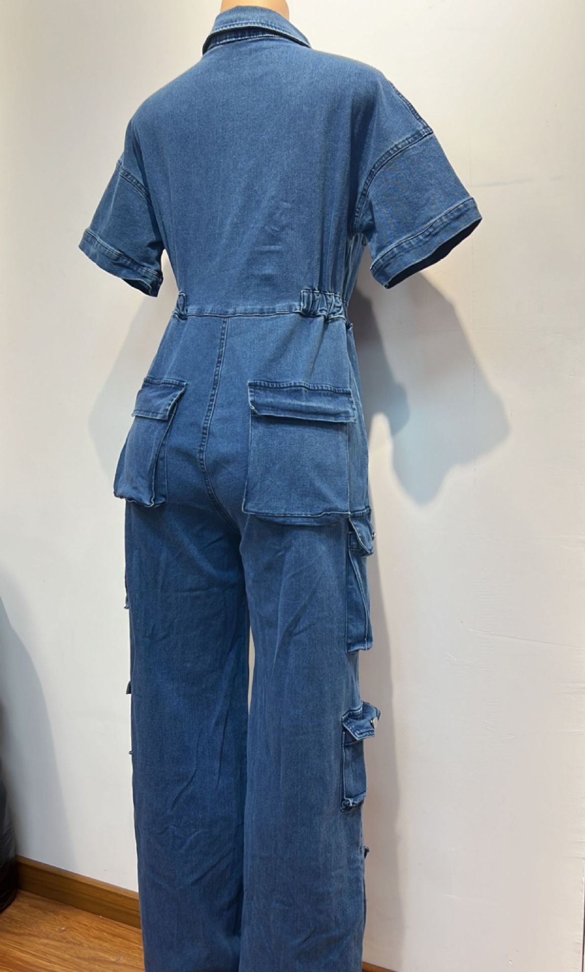 Women Cargo short sleeve Turndown Collar Denim Jumpsuit 8
