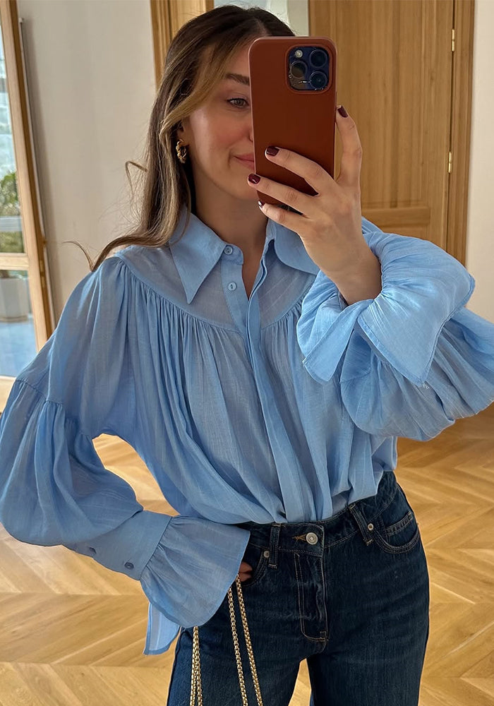 Women's Summer Chic Turndown Collar Bell-Bottom Sleeve Pleated Loose Long-Sleeve Shirt