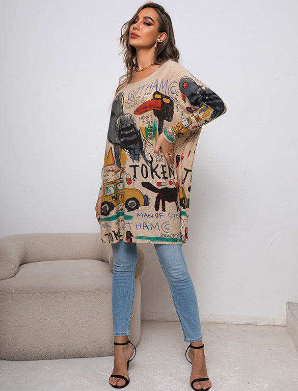 Plus Size Cartoon Print Sweater Long Sleeve Women Casual Pullover Loose Knitting Shirt Top 7